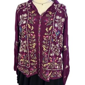 Johnny Was Bethan Embroidered Boho Blouse Burgundy Floral Cottagecore Top Large